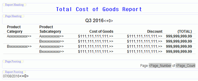 Report canvas with headers and footers