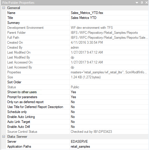 File/Folder Properties panel for a check out file