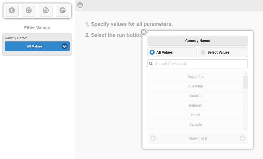 A static filter single select list displayed over the Report Output panel in the Responsive Autopropt interface.