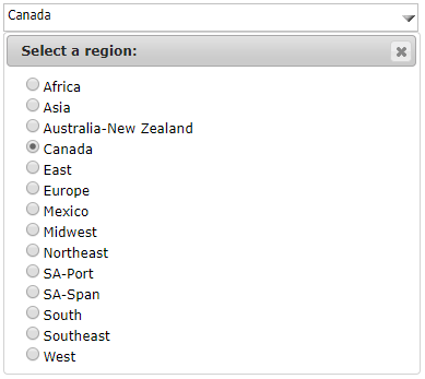 Pop-up drop-down list with the title Select a region