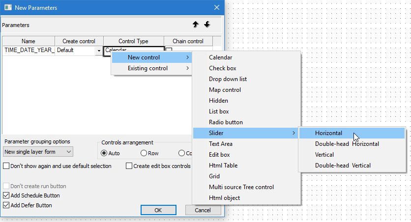 New parameters dialog selecting slider