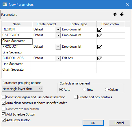 New Parameters dialog box with Chain and Line Separator