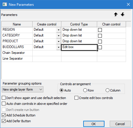 New Parameters dialog box with 4 parameters