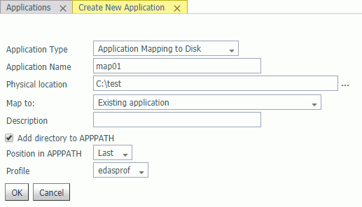 Create New Application mapping to disk