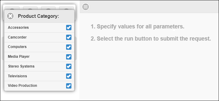 Static Selection List Parameters in the Filter Values selection list showing all values selected, by default.
