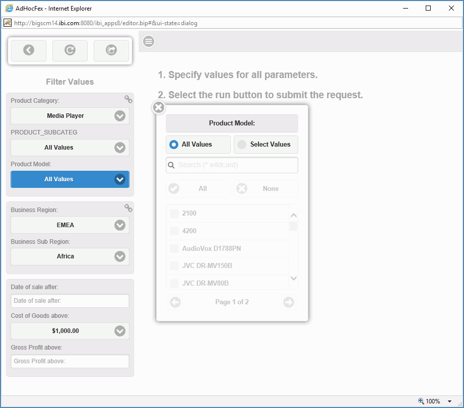 The Product Model selection list configured to display all values.