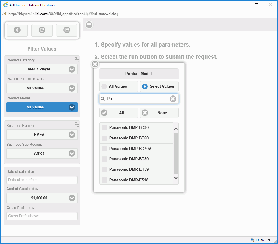 The Product Model selection list configured to display select values starting with the characters P A.
