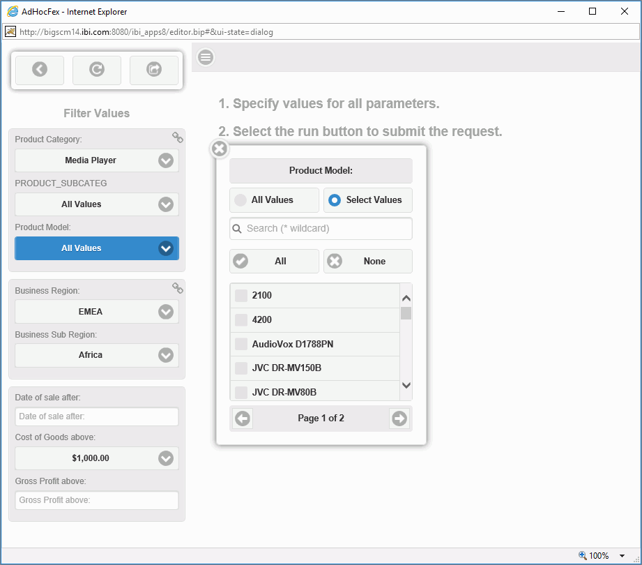 The Product Model selection list configured to display select values.