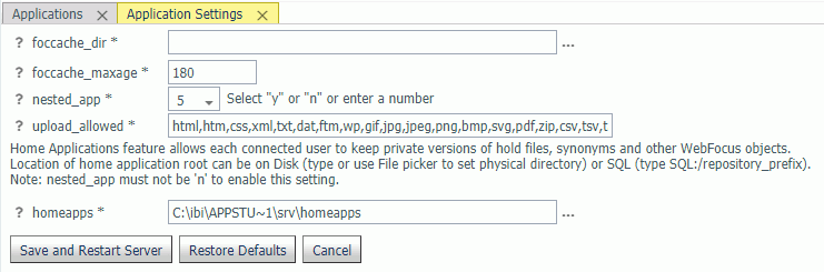 Application Settings page