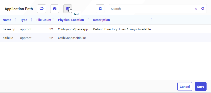 Application Path page with Test highlighted