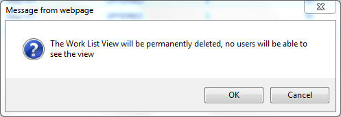 The dialog displays a "The work view will be permanently deleted, no users will be able to see the view" message