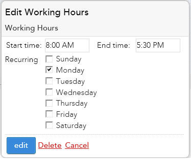 The dialog allows you to specify the start and end times and the days of the week that working hour recur.