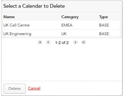 The dialog displays the calendars available for deletion. It provides other information about the calendars including their descritpion and type.