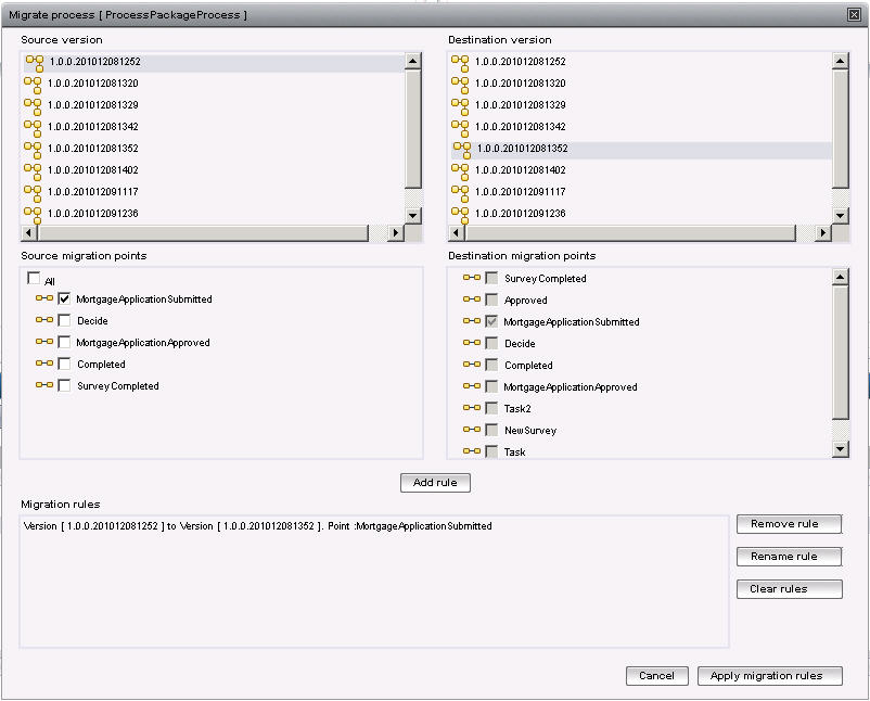 The dialog shows the source version panel and the destination version panel. Underneath each panel is a list of available migration points for the selected process.