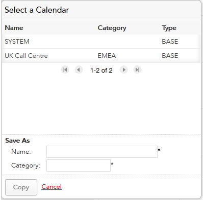 The dialog displays the list of available calendars. It also provides information including its category and type.