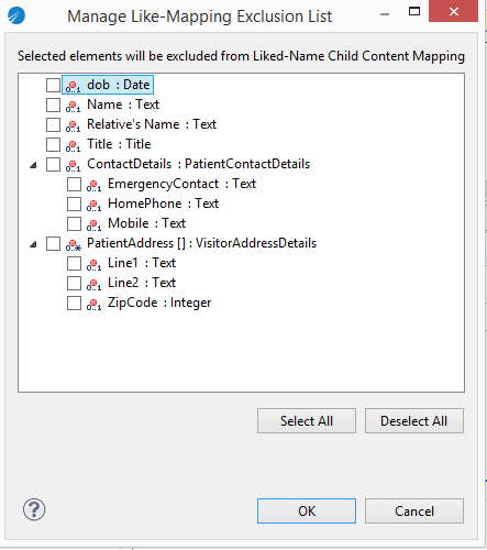The exclusion list displays all the mapped child elements. You can select elements here to exclude them from mapping.