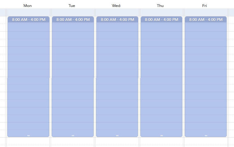 The page is composed of a grid that shows the days of the week. The days are split into hourly segments.The work hours are shown in blue. Exclusions are shown in red