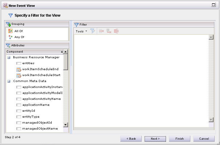 The Filter dialog has three panes. The top left hand pane allows you to configure grouping. The bottom left hand pane allows you to select the components. The right hand pane allows you to configure the filter.