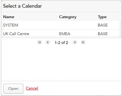 The dialog lists the calendars that are available, their category and their type.