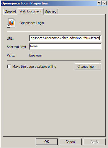 Desktop Shortcut Properties dialog showing an Openspace example login URL