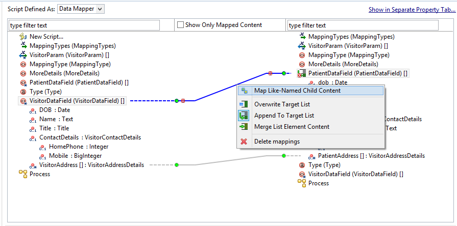 Map Like-Named Child Content is an option available on the context menu of a mapping.