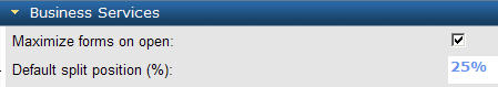 The dialog allows you to select the option to maximize forms on open. It also allows you to enter a percentage for the default split position