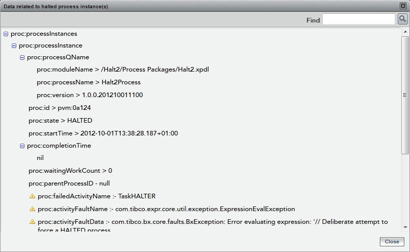 The dialog displays an example tree-view of a selected process instance.