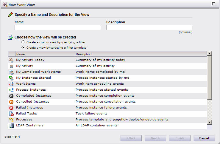 The dialog has a box for name and description. There are two radio buttons. The bottom pane displays the filter criteria, depending on which radio button you have selected.