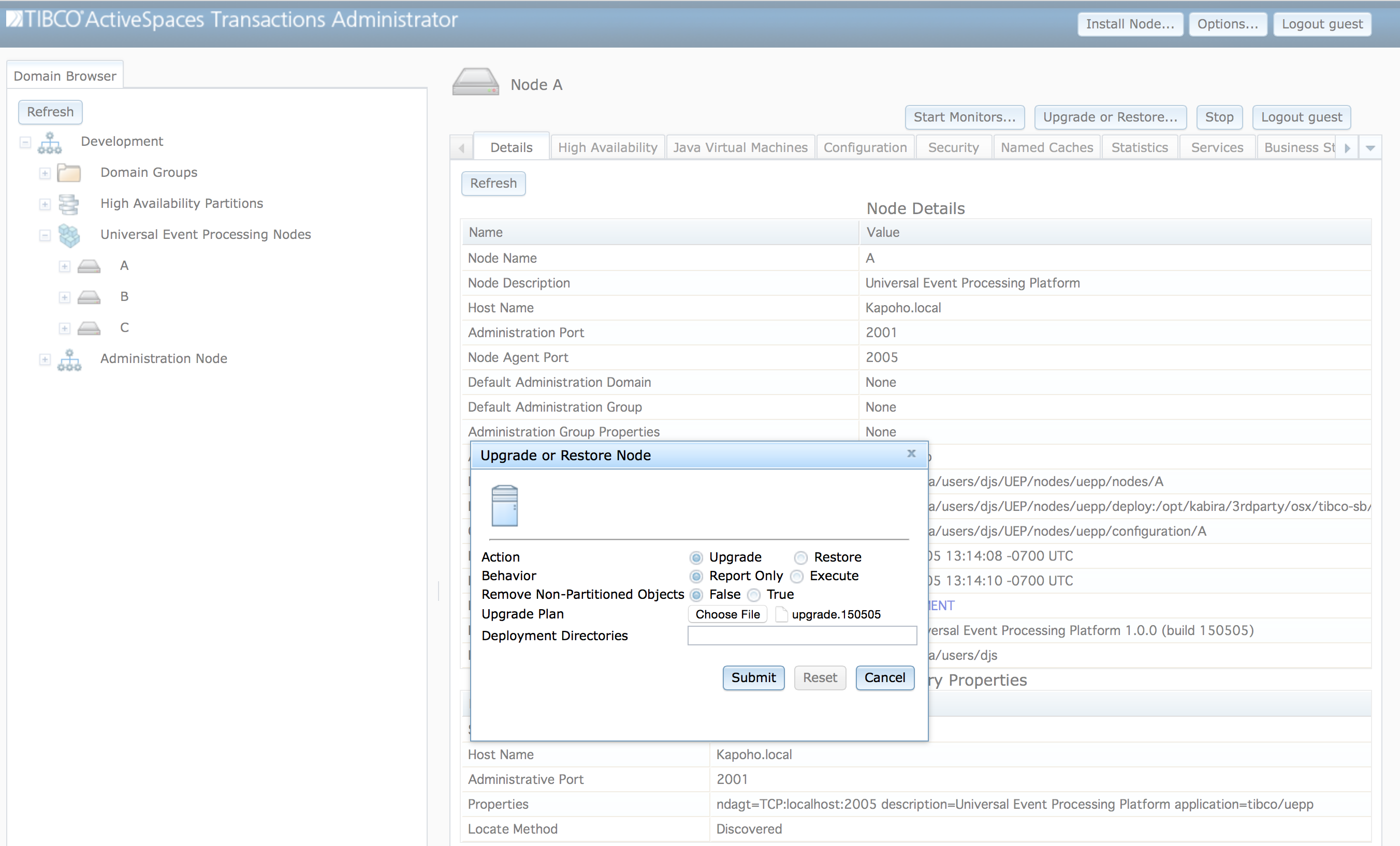 Upgrade or restore node dialog