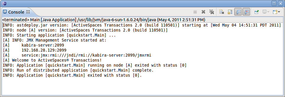 The output of the TIBCO ActiveSpaces® Transactions Quick Start test application