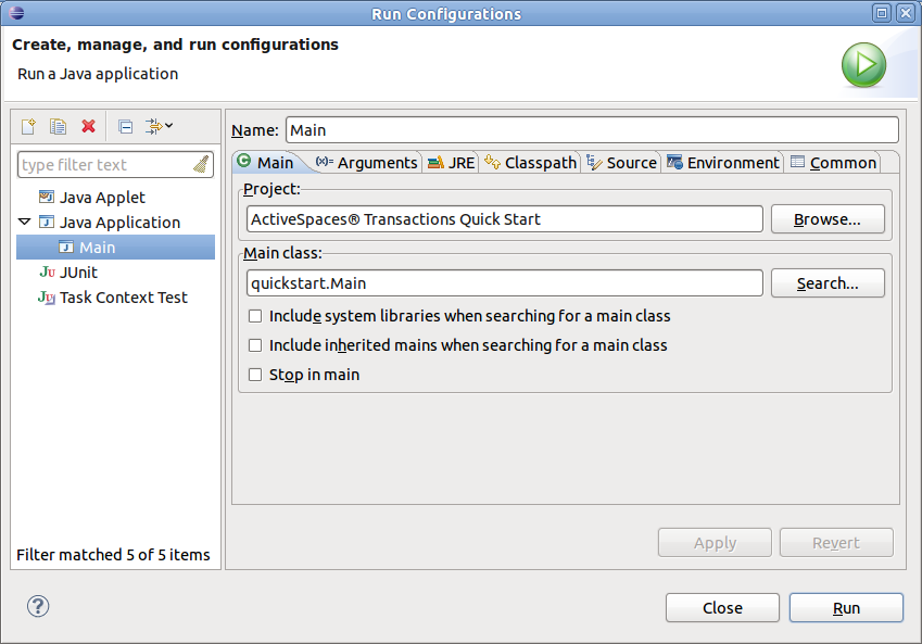 Creating a run configuration for quickstart