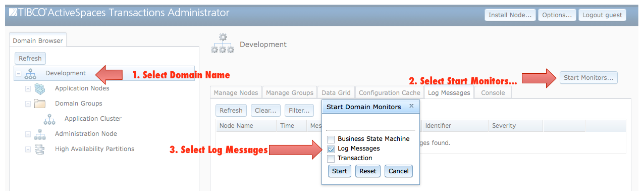 Accessing the log messages monitor
