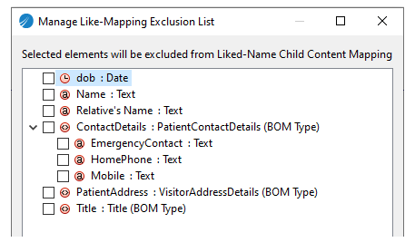 The exclusion list displays all the mapped child elements. You can select elements here to exclude them from mapping.