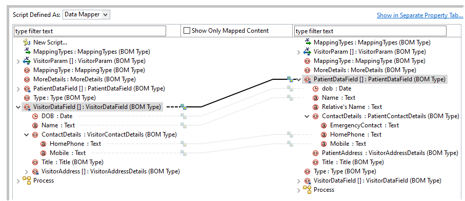 Once you map like-named elements, the mapping in child elements is shown in gray lines.