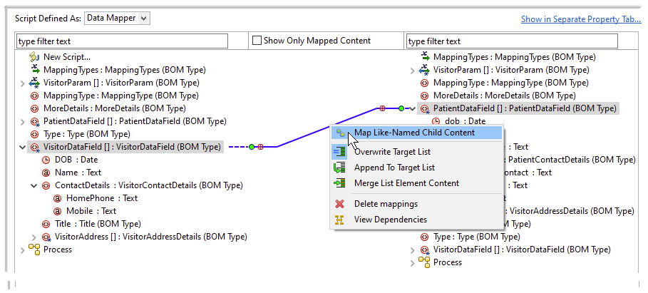 Map Like-Named Child Content is an option available on the context menu of a mapping.