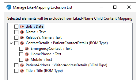 The exclusion list displays all the mapped child elements. You can select elements here to exclude them from mapping.
    
