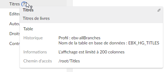 Panneau avec informations sur l'élément
