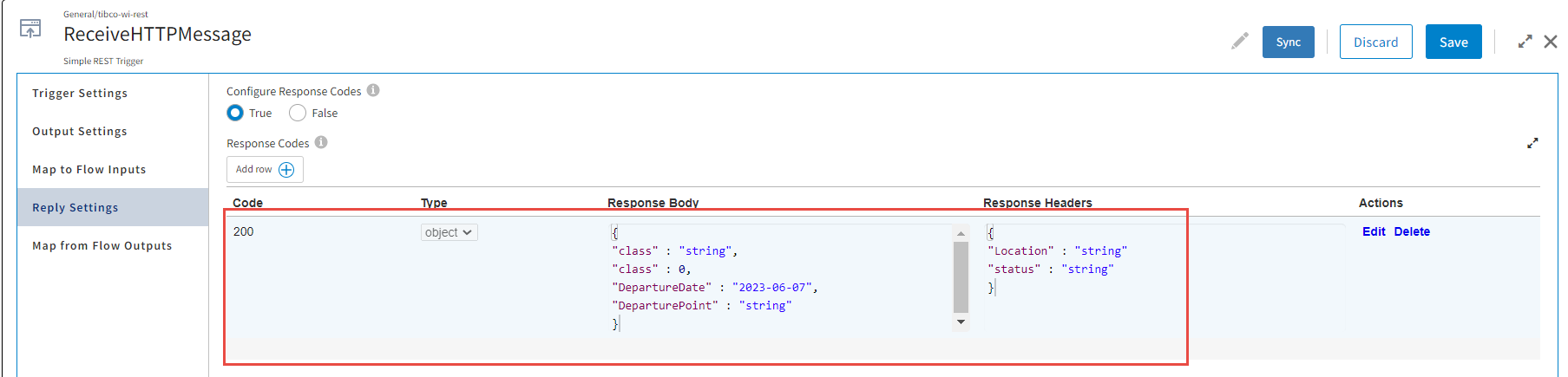 Screenshot of Reply Settings of REST trigger for multiple response codes.