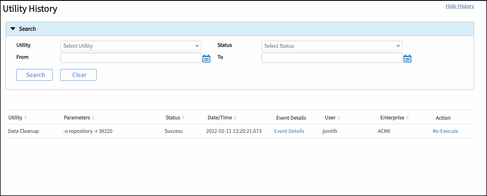 Viewing Data Cleanup Utility History