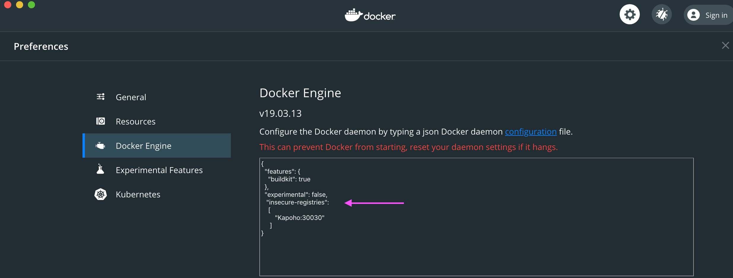 Enable Insecure Registries Preference