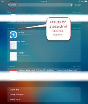The results from searching for the creator's name from the spotlight search feature.