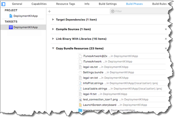 The DeploymentKitApp Build Phases with Copy Bundle Resources expanded
