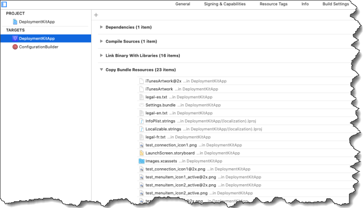 The DeploymentKitApp Build Phases with Copy Bundle Resources expanded