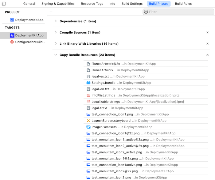 The DeploymentKitApp Build Phases with Copy Bundle Resources expanded