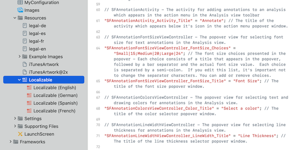 The app strings in the section Resources > Localizable