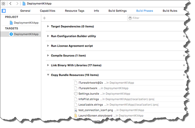 The DeploymentKitApp Build Phases with Copy Bundle Resources expanded