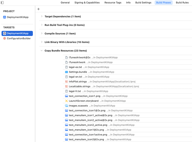 The left panel shows the project and targets, with DeploymentKitApp selected. The right dialog box displays a file list of the copy bundle resources (23 items)