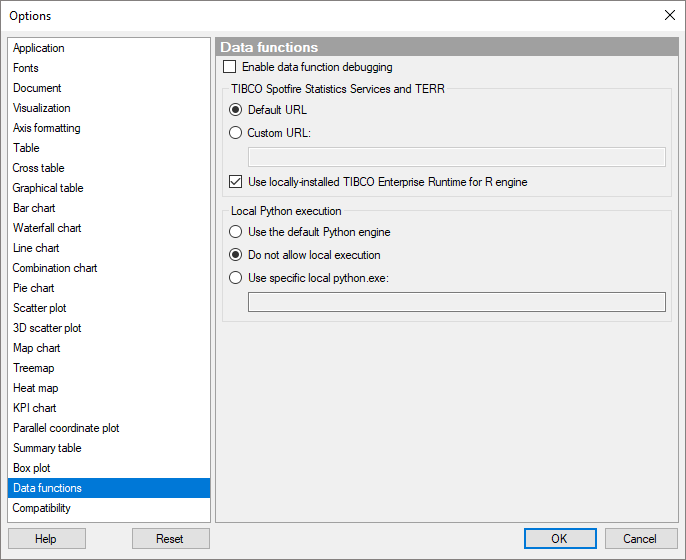 Data Function options