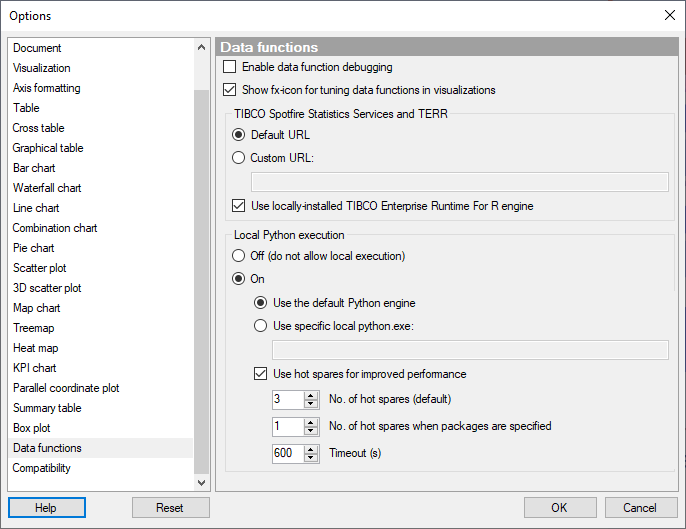 Data Function options