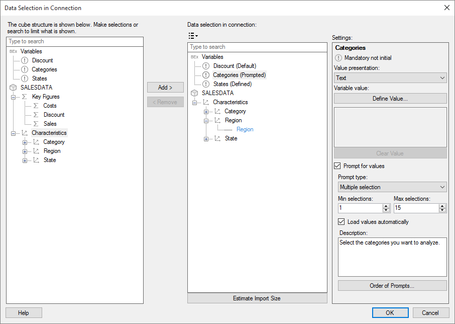 Sample Bex Query Details on Prompting for SAP BW BEx Queries